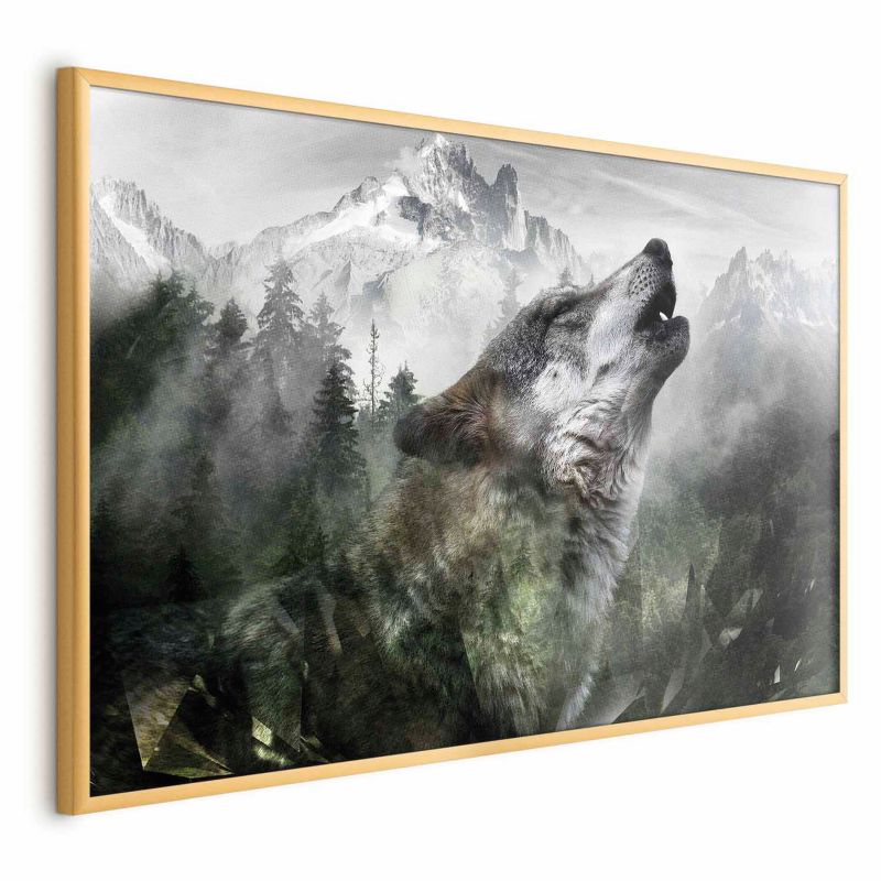 Plakat Artgeist Wyjący wilk 90x60 cm z ramą złotą bez marginesu 1 szt