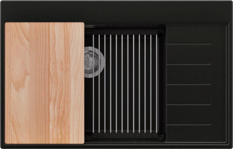 Zlewozmywak Sydney PRIMAGRAN Nablatowy 78x50cm do szafki od 60cm, Czarny + Syfon + Akcesoria, , 1 szt.