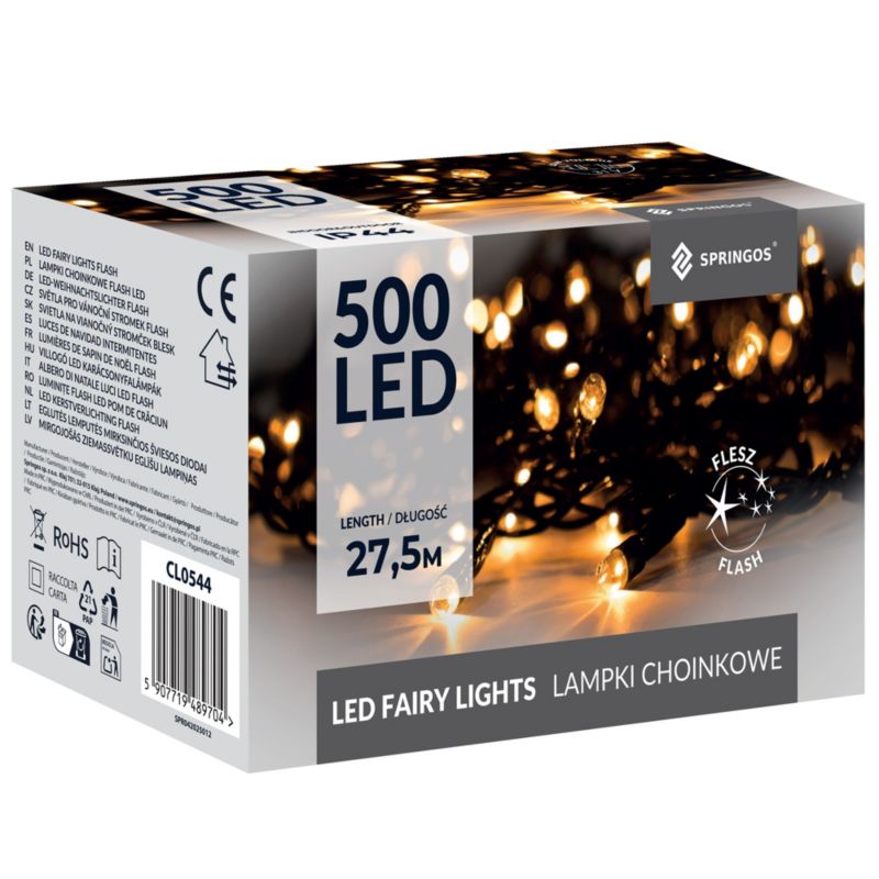 Lampki choinkowe Springos 27,5 m biały ciepły + zimny biały flash 500 LED oświetlenie IP44 1 szt.