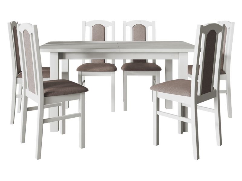 Zestaw DR06 MIRJAN 24 Stół rozkładany Wenus II L 80x140/180 + 6 krzeseł Bos 7 biały + jasnobrązowa tapicerka 1 kpl.