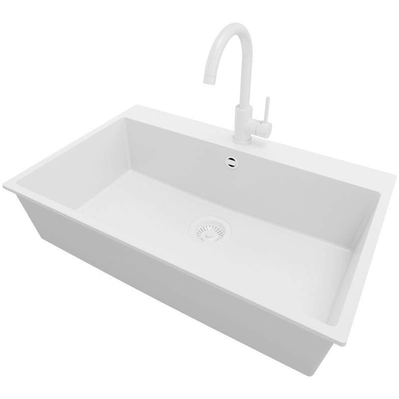 Zlewozmywak Granitowy Ryga PRIMAGRAN Nablatowy 78x50cm do szafki od 80cm, Cały Biały + Bateria 32x20cm + Syfon, S408, 1 szt.