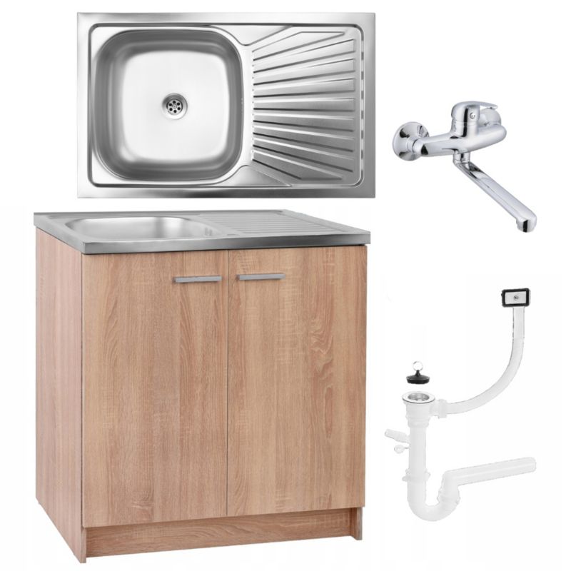 Szafka Kuchenna Stamar Dąb Sonoma Zlewozmywak 800 mm Bateria Ścienna Syfon 1 szt