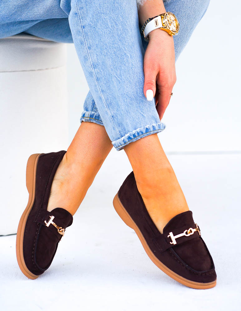 Czekoladowe Baleriny Mokasyny Ze Złotą Klamerką Calzades