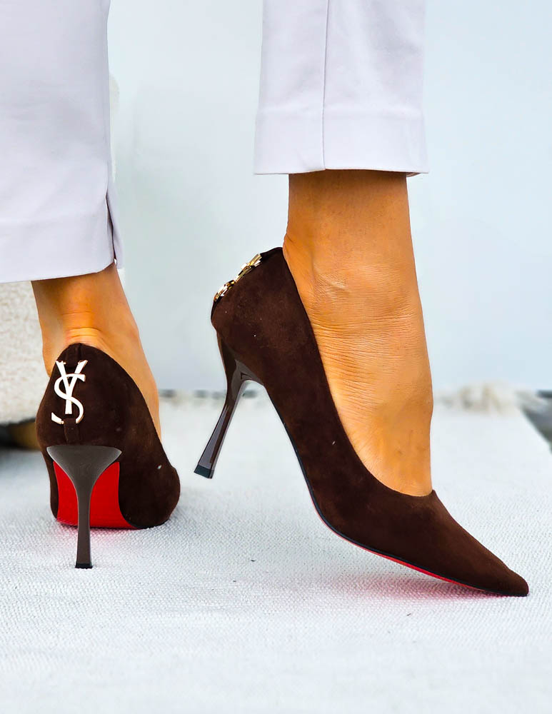 Eleganckie Czekoladowe Zamszowe Szpilki Czólenka Yes Saint