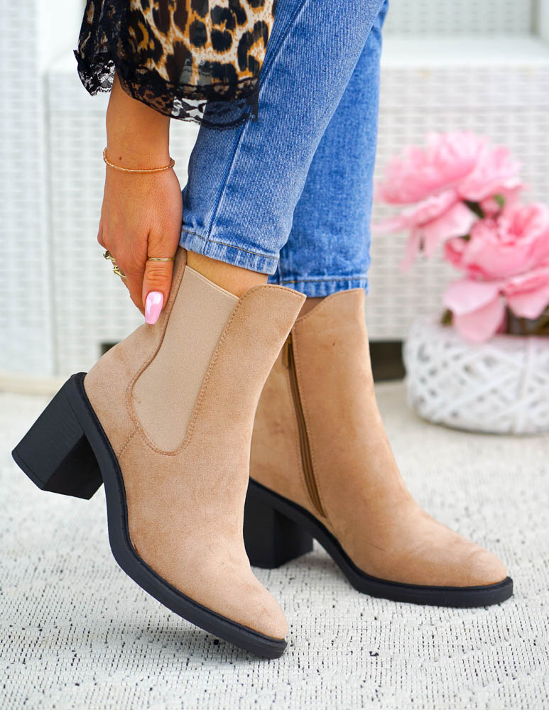 Jesienne Beżowe Botki Na Słupku Western