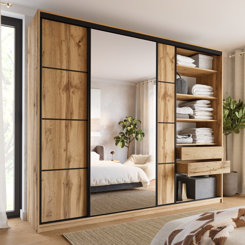 Pojemna szafa przesuwna z lustrem 280 cm LOFT MAX dąb wotan