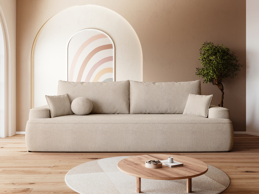 Rozkładana sofa z funkcją spania i pojemnikiem CARMELLO boucle