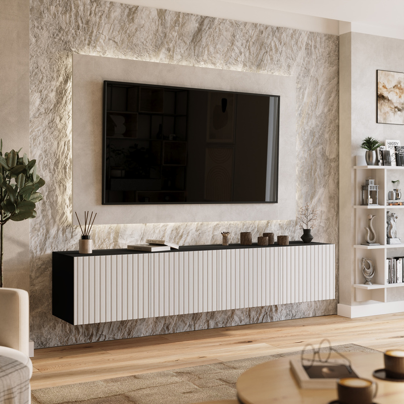 Szafka RTV 200 cm wisząca do salonu LORI z półkami ryflowana