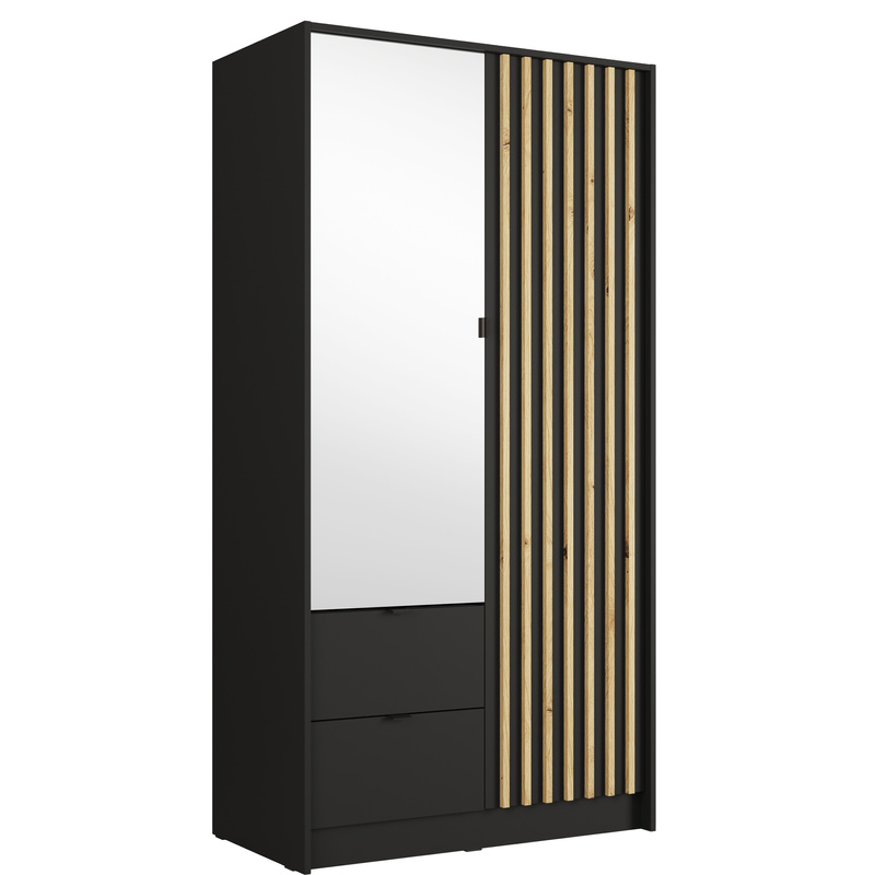 Szafa dwudrzwiowa 100 cm z lamelami i lustrem KORSO dąb artisan czarny