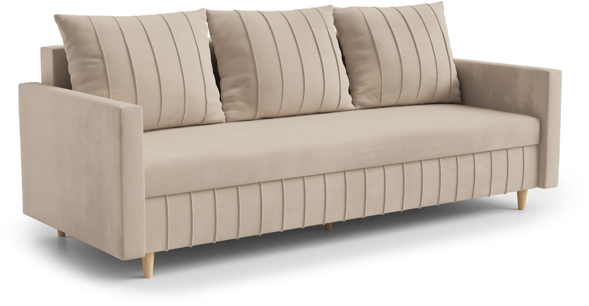 Beżowa welurowa sofa z funkcją spania i pojemnikiem FOCUS