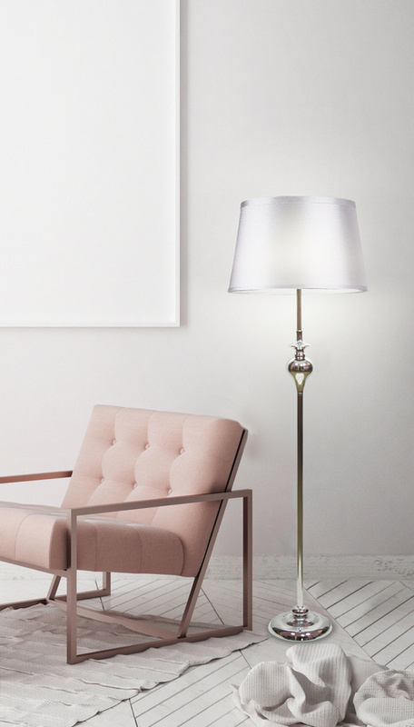 Srebrna lampa podłogowa do salonu GILLENIA z abażurem