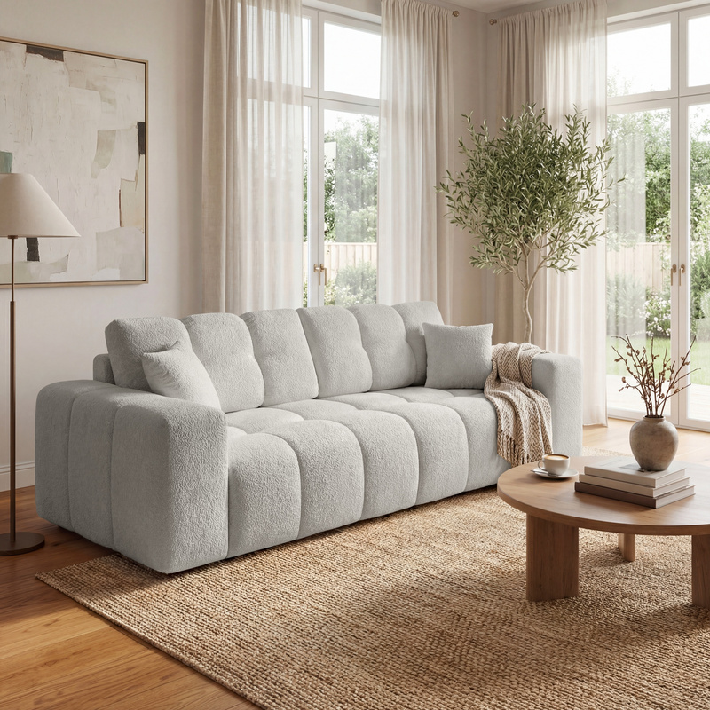 Sofa rozkładana z pojemnikiem na pościel do salonu NEBU z funkcją spania