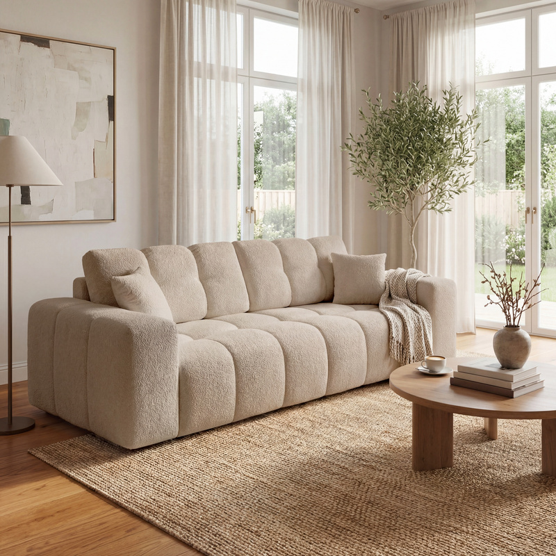 Rozkładana sofa z funkcją spania i pojemnikiem na pościel NEBU beżowy