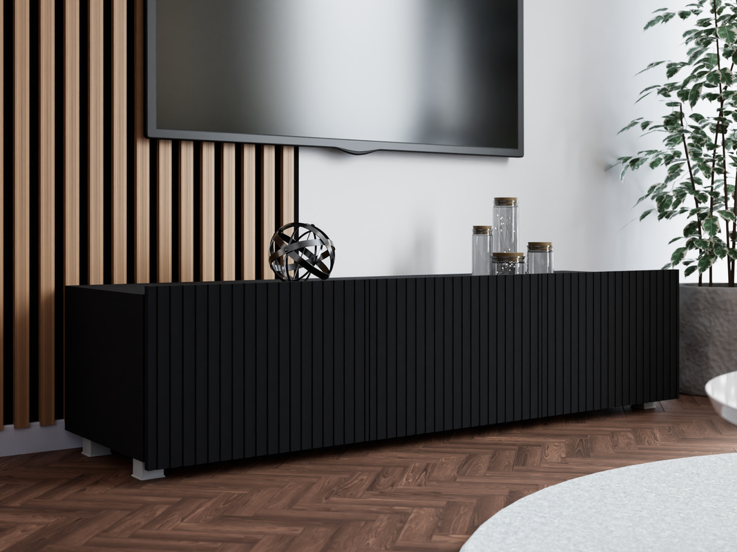 Czarna szafka RTV 150 cm z ryflowanymi frontami KORDIS