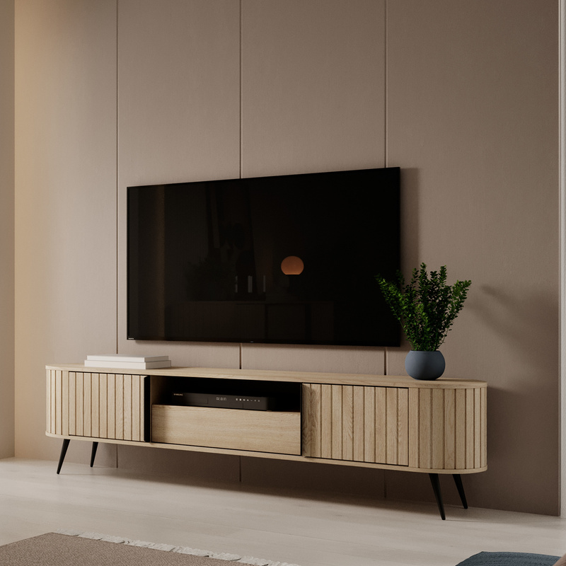 Ryflowana szafka RTV 196 cm z szufladą LOVEL dąb cremona