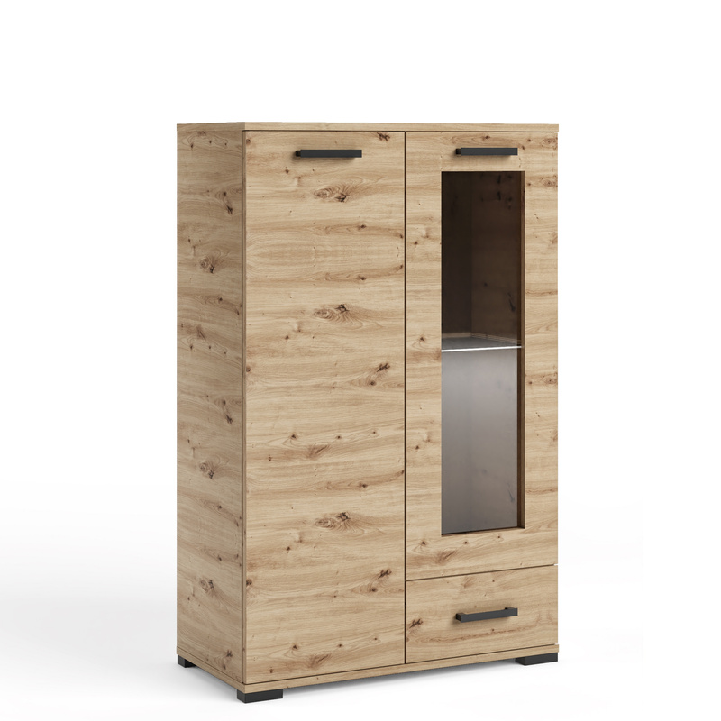 Komoda wysoka 80 cm z witryną do salonu dwudrzwiowa FIORA dąb artisan