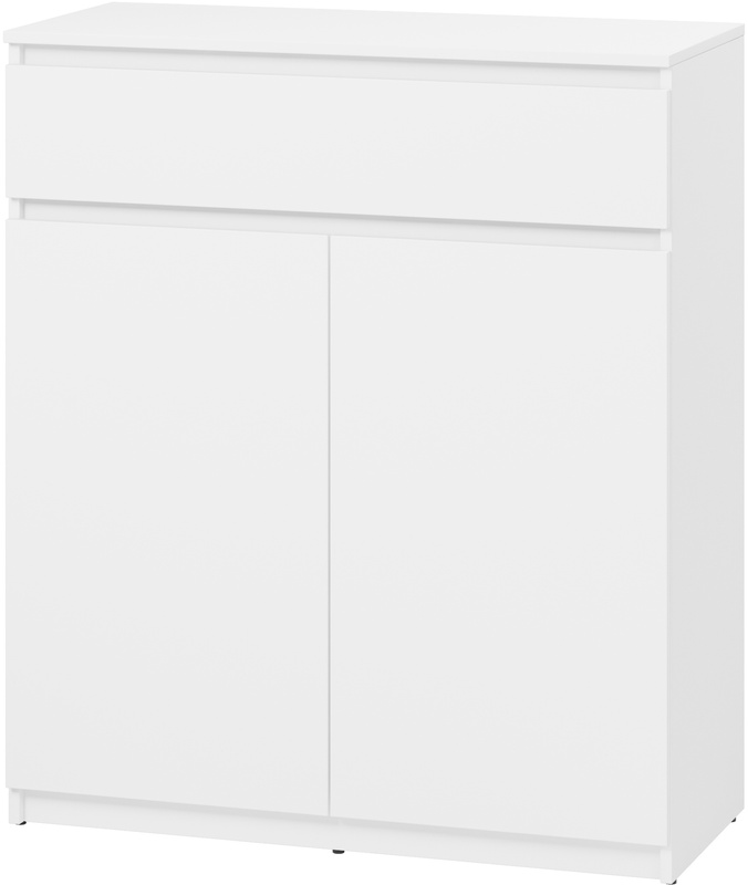 Dwudrzwiowa biała komoda do przedpokoju z półkami i szufladą SIMPLY