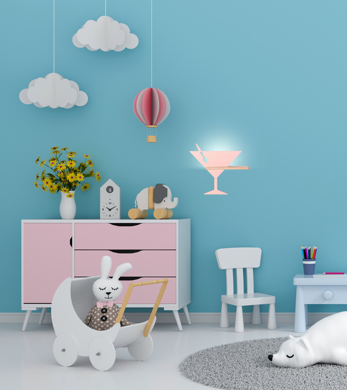 Różowy kinkiet LED z półką do pokoju dziecięcego PICCOLO drewno MDF