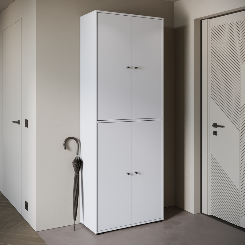 Biała duża szafa na buty z półkami 70 cm DORANO czterodrzwiowa