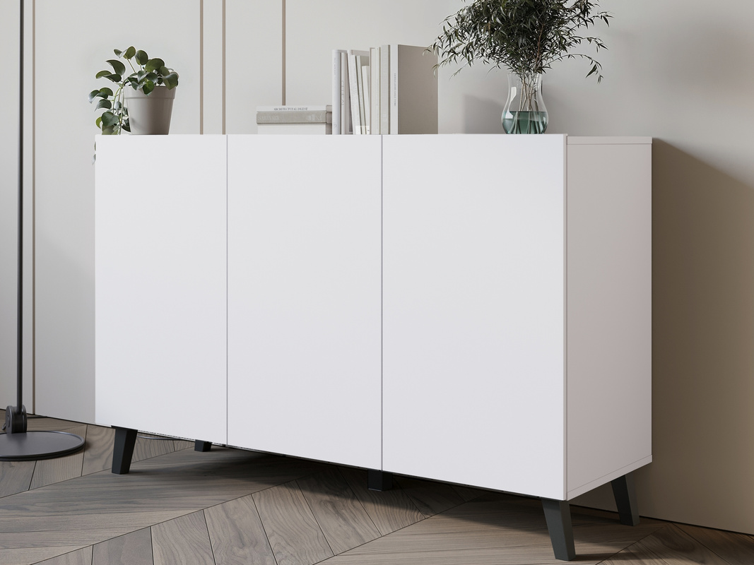 Biała komoda 120 cm na nóżkach do salonu PUNES trzydrzwiowa