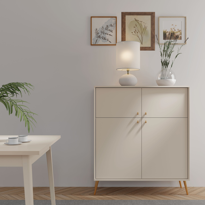 Komoda czterodrzwiowa do salonu z półkami ROSEA 105 cm beż piaskowy