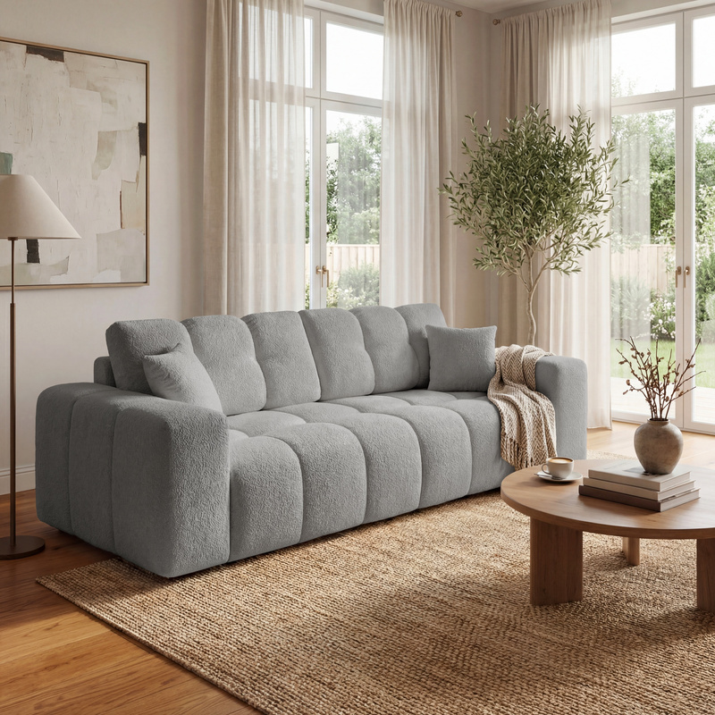 Szara sofa z funkcją spania rozkładana z pojemnikiem do salonu NEBU