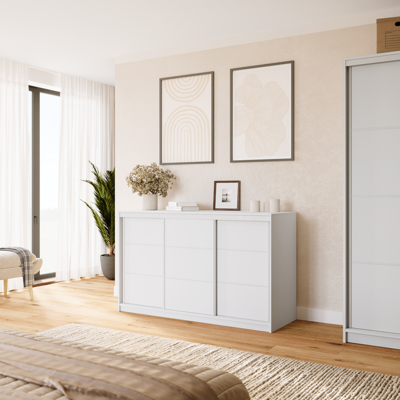 Biała komoda przesuwna z szufladami do sypialni 160 cm VITA