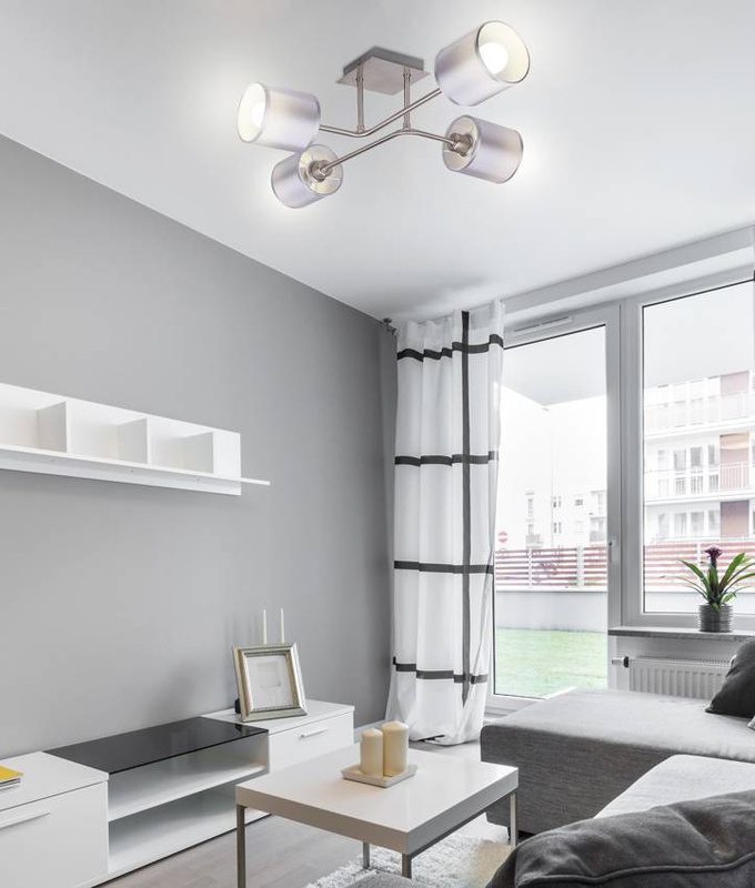 Srebrna lampa sufitowa 4-punktowa do salonu SAX tkaninowy abażur