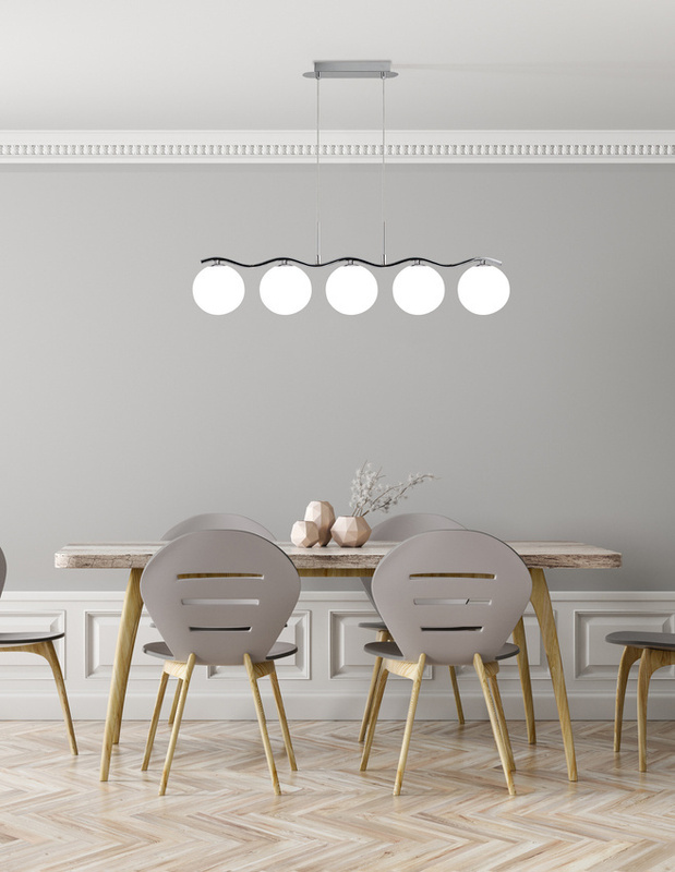 Biała lampa wisząca sufitowa 5-punktowa do salonu RAMON kula chromowa