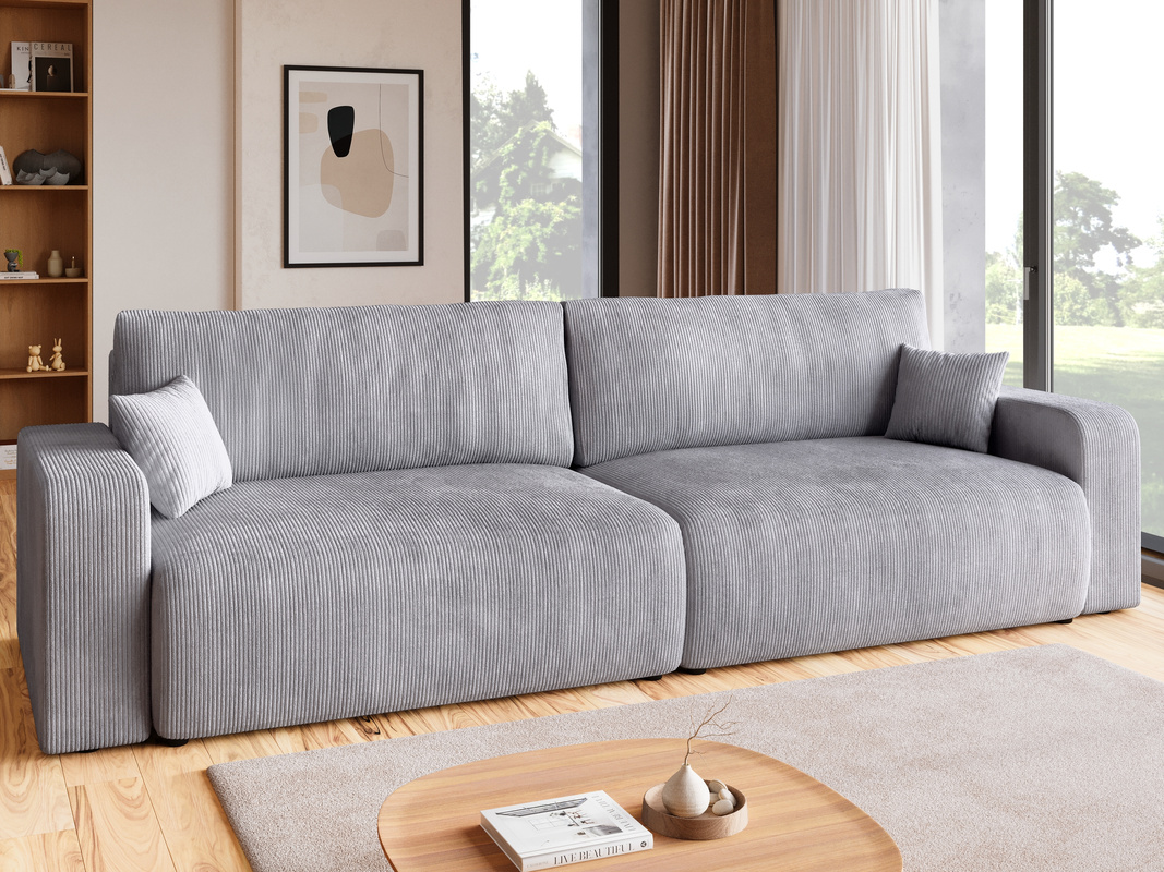 Szara sofa rozkładana do salonu z funkcją spania i pojemnikiem PUMI