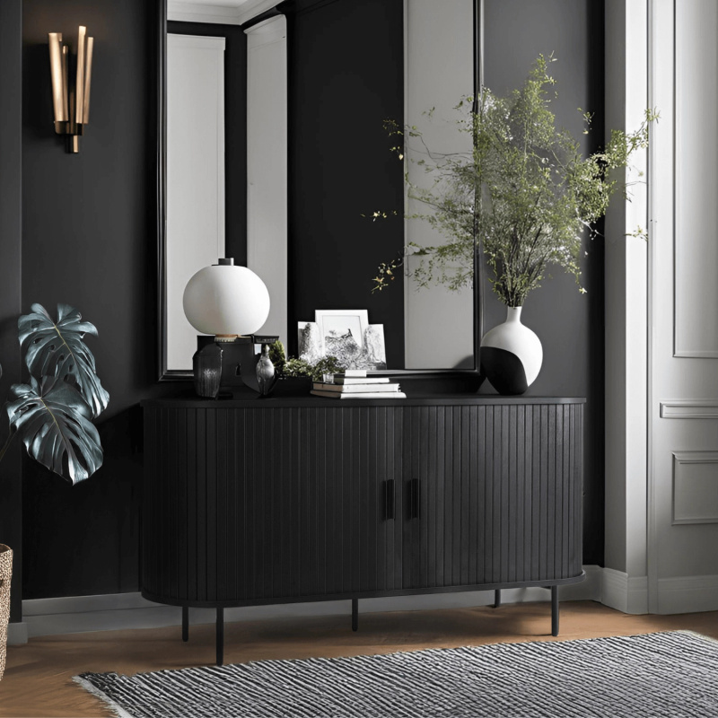 Czarna komoda dwudrzwiowa rozsuwana do salonu TRISH 140 cm