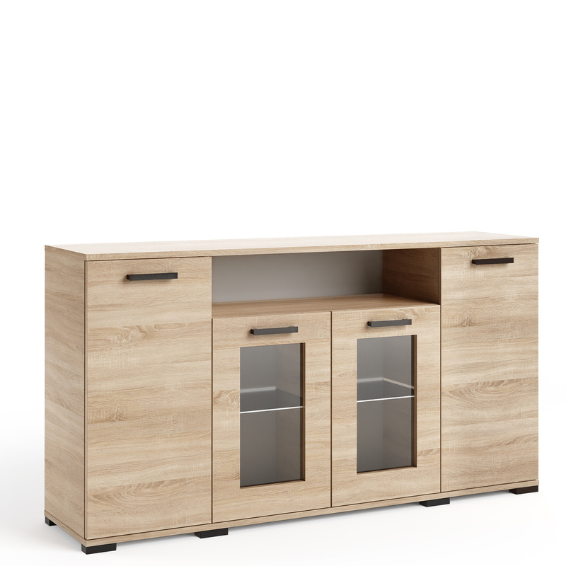 Komoda 160 cm z witryną do sypialni czterodrzwiowa FIORA dąb sonoma