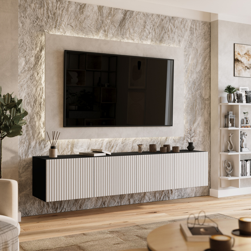 Szafka RTV 200 cm wisząca do salonu LORI z półkami ryflowana