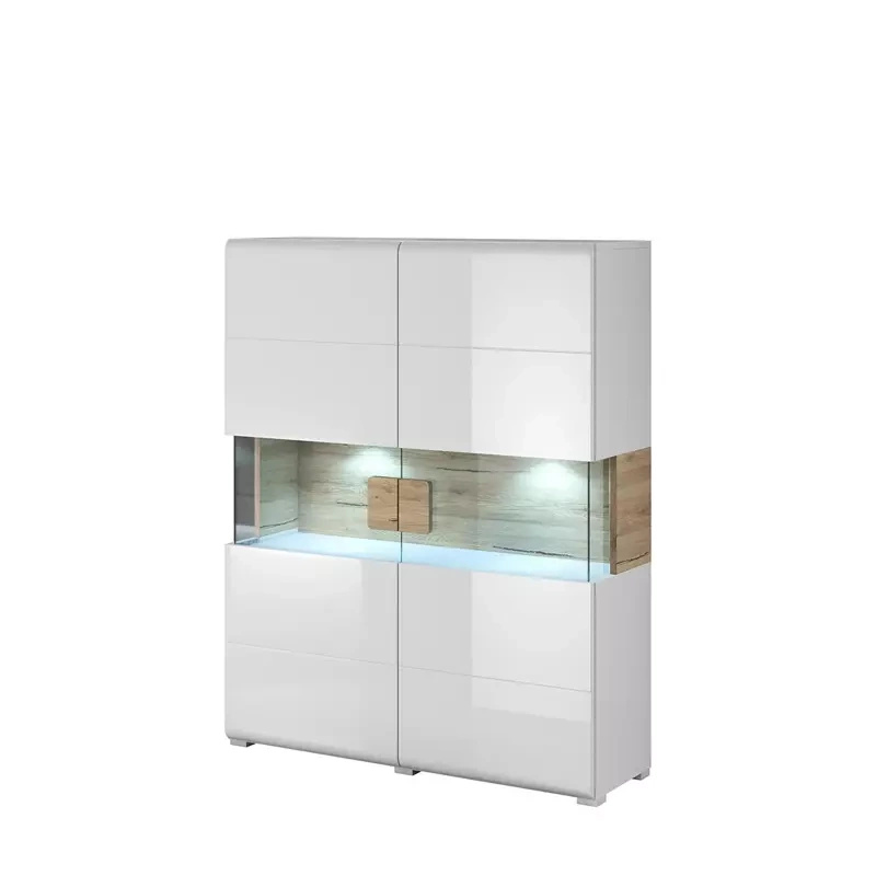 Komoda ze szkłem TENDER biały połysk ze wstawkami