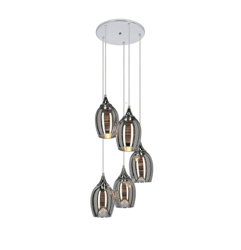 Srebrna lampa wisząca 5-płomienna do salonu MARINA metal szkło