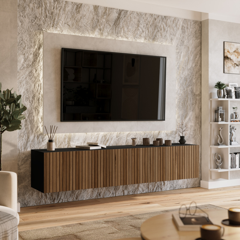 Szafka RTV 200 cm wisząca ryflowana do salonu LORI z półkami