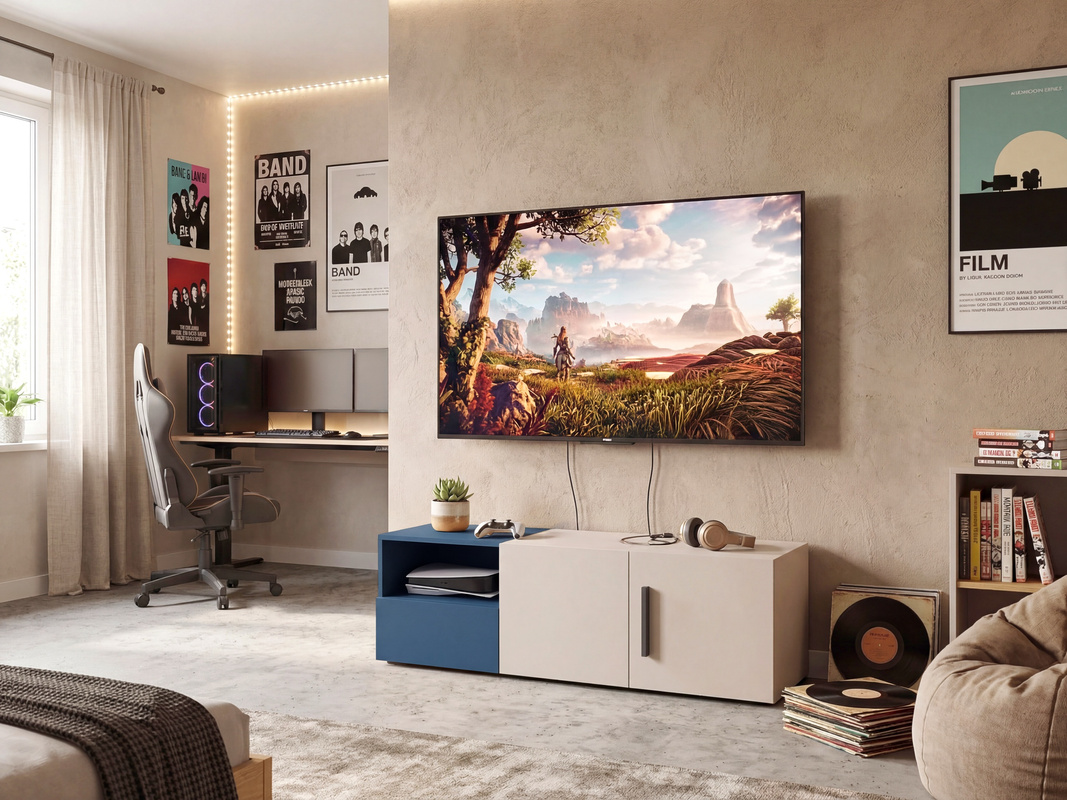 Szafka RTV do pokoju młodzieżowego 135 cm z szufladą LUMI kaszmir