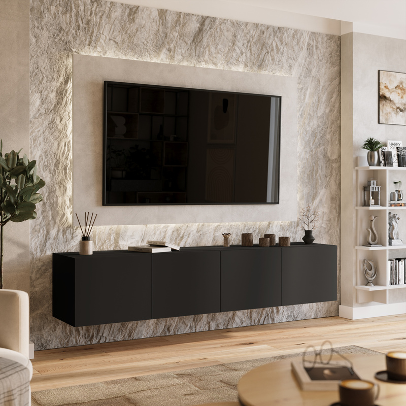 Czarna wisząca szafka RTV 200 cm z półkami do salonu LORI