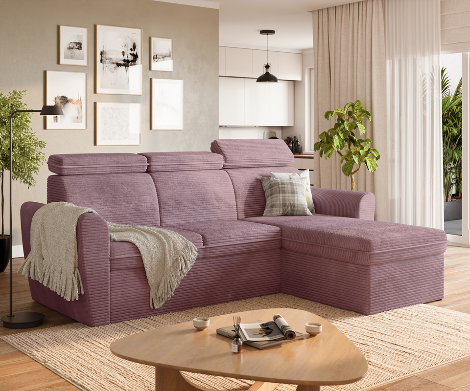 Narożnik z funkcją spania i pojemnikiem EVRON róż