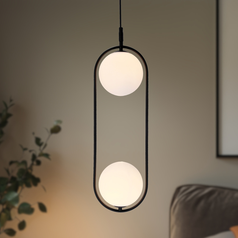 Czarna lampa wisząca z białymi kloszami kulami do salonu CORDEL 2xG9