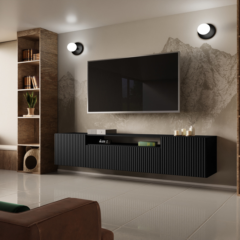 Czarna szafka RTV wisząca nowoczesna z półkami TAVIO do salonu