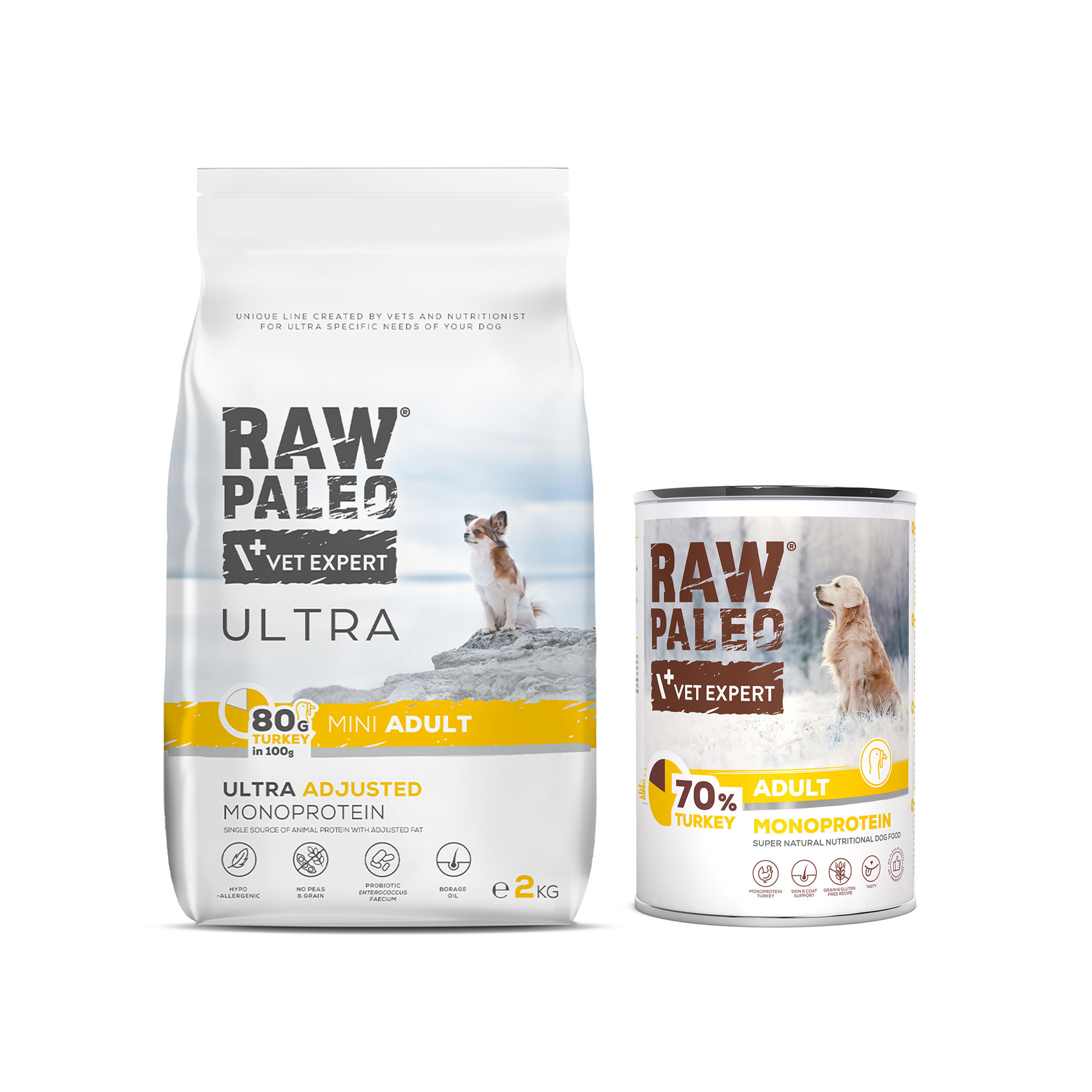 RAW PALEO ULTRA TURKEY MINI ADULT 2kg i 1x TURKEY ADULT puszka 400g - zestaw karmy z indykiem dla psa rasy małej