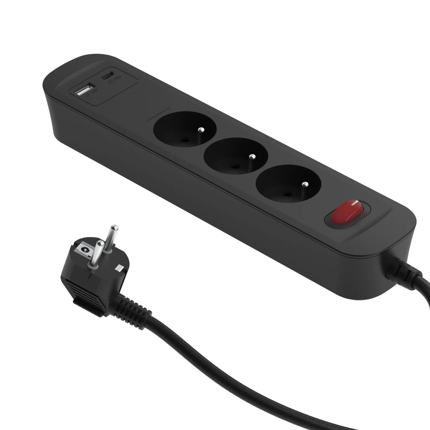 Düwi Przedłużacz szybkoładujący z włącznikiem 3 x 2P+Z 2xUSB grafit 1,4 m