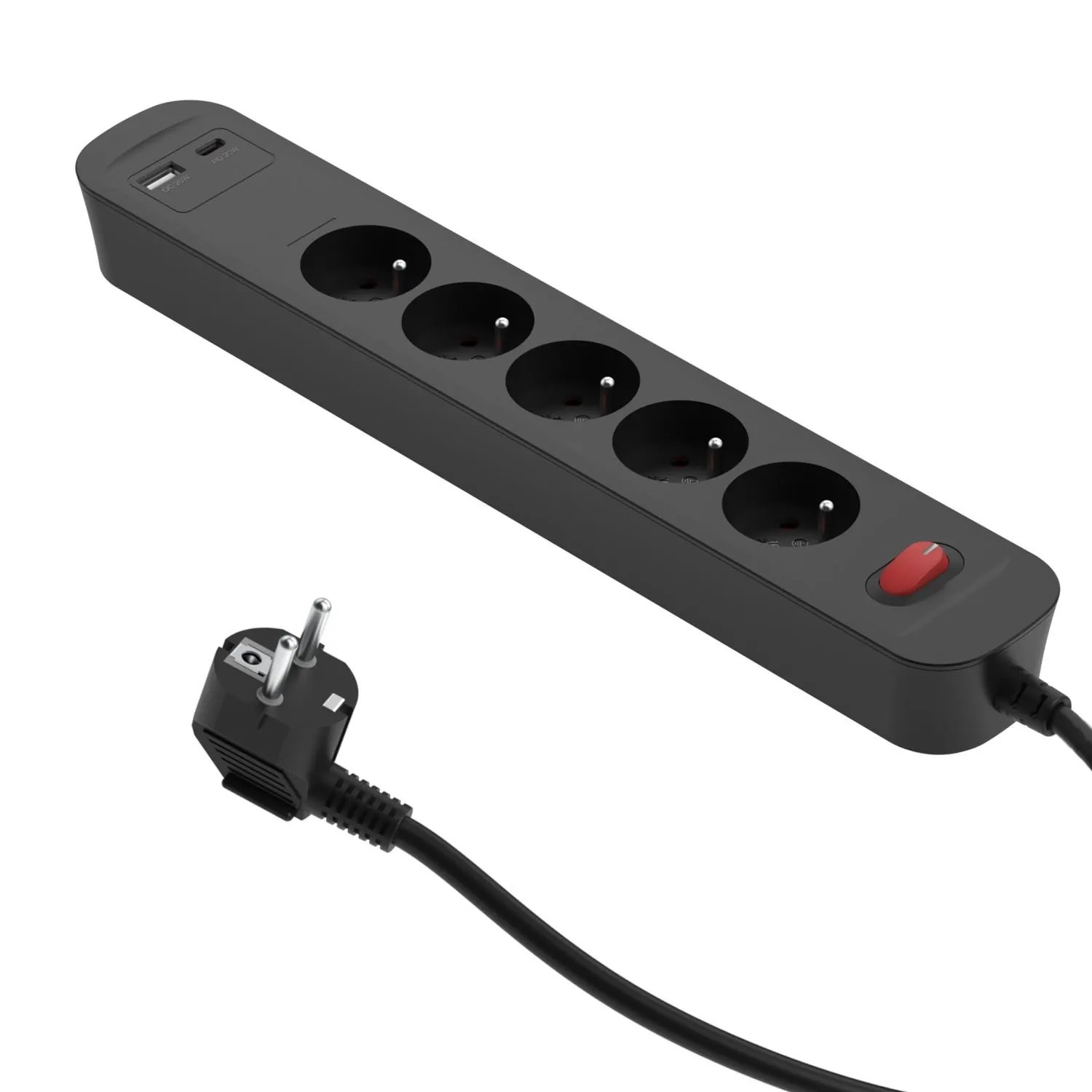 Düwi Przedłużacz szybkoładujący 5-gniazdowy z włącznikiem 2P+Z+2xUSB grafit 1,4m