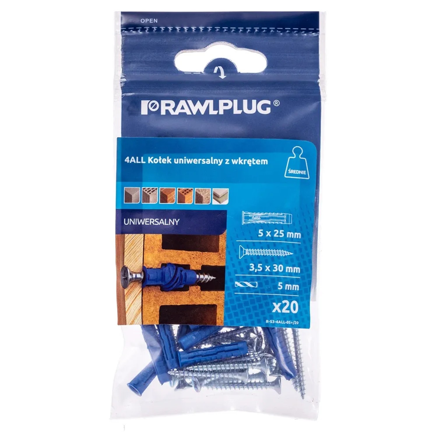 Rawlplug Kołek 4All uniwersalny 5x25mm z wkrętem 20 szt