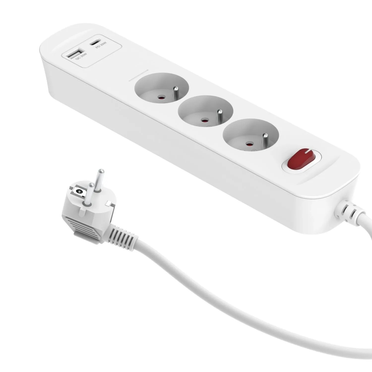 Düwi Przedłużacz szybkoładujący 3-gniazdowy z włącznikiem 2P+Z+2xUSB biały 1,4 m