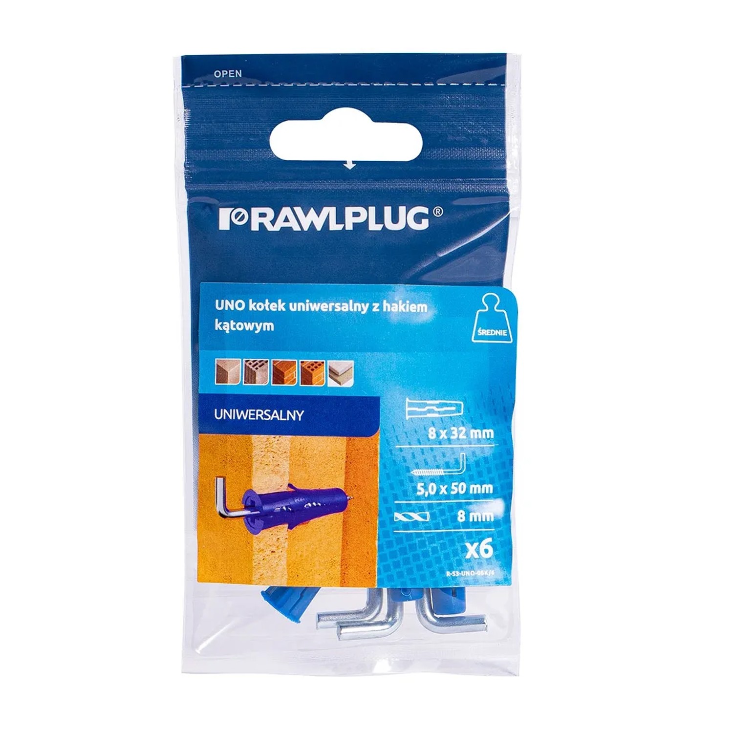 Rawlplug Kołek UNO uniwersalny 8x32 mm hak kątowy 6 szt.