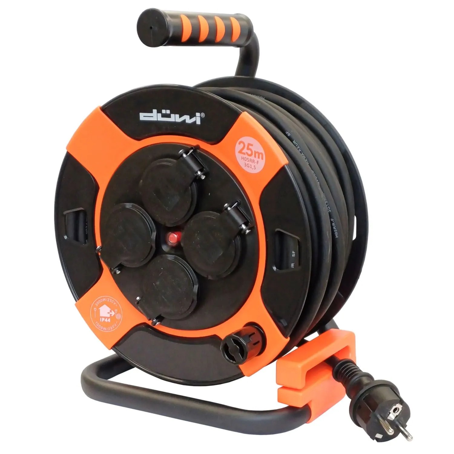 Düwi Przedłużacz bębnowy 4-gniazdowy 2P+Z 3x1,5 mm2 pomarańczowo-czarny 25 m