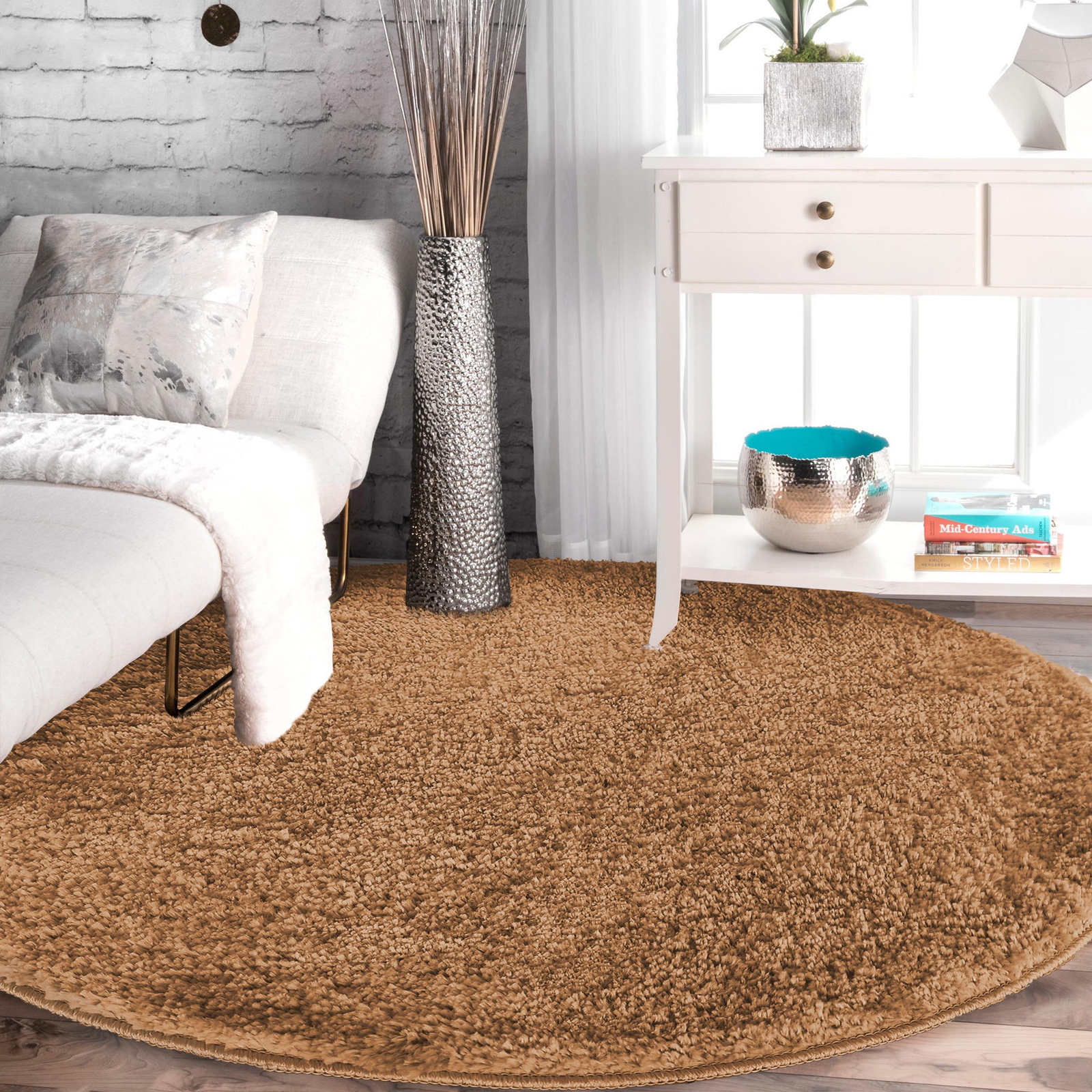 Dywan okrągły Kayoom - typu Shaggy nowoczesny, mięciutki - miodowy brąz