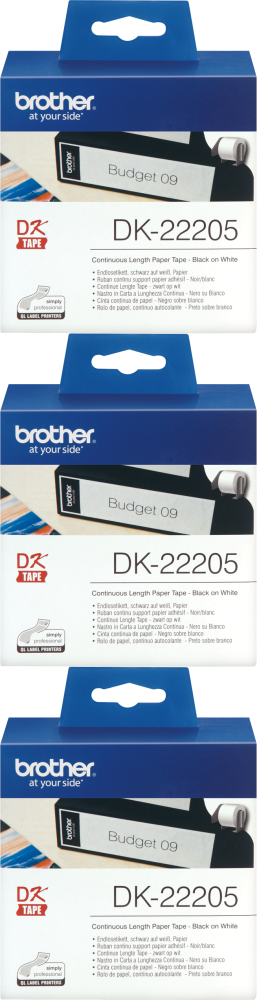 3x Taśma papierowa do drukarek etykiet Brother DK 22205, 62mmx30.48m, nadruk czarny, taśma biała